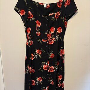 Rose print on black midi dress